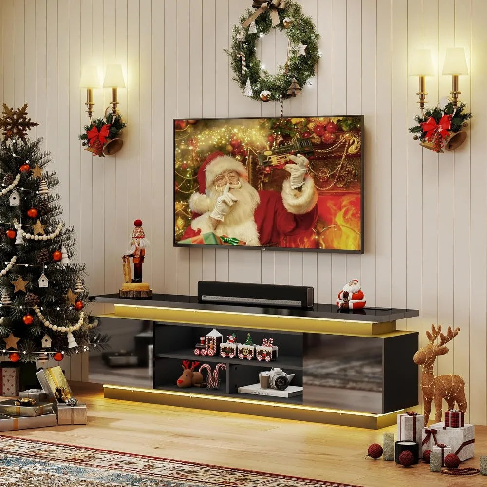 70 Inch TV-Stand - Television Stands for 75 80 85 Inch TV - 2 Tier Entertainment Center with 4 AC Outlets & 2 Smart RGB LED