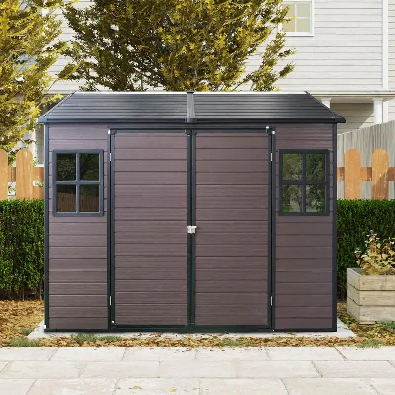 8x6 ft Waterproof Resin Outdoor Storage Shed with Floor, 2 Windows & Lockable Door for Garden, Patio, Backyard Storage Solution