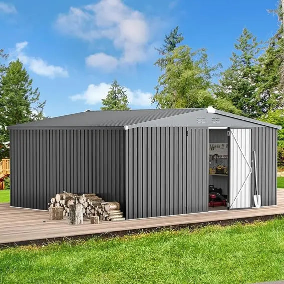Large 14x12 Outdoor Metal Storage Shed with Lockable Doors and Yard Storage Solutions
