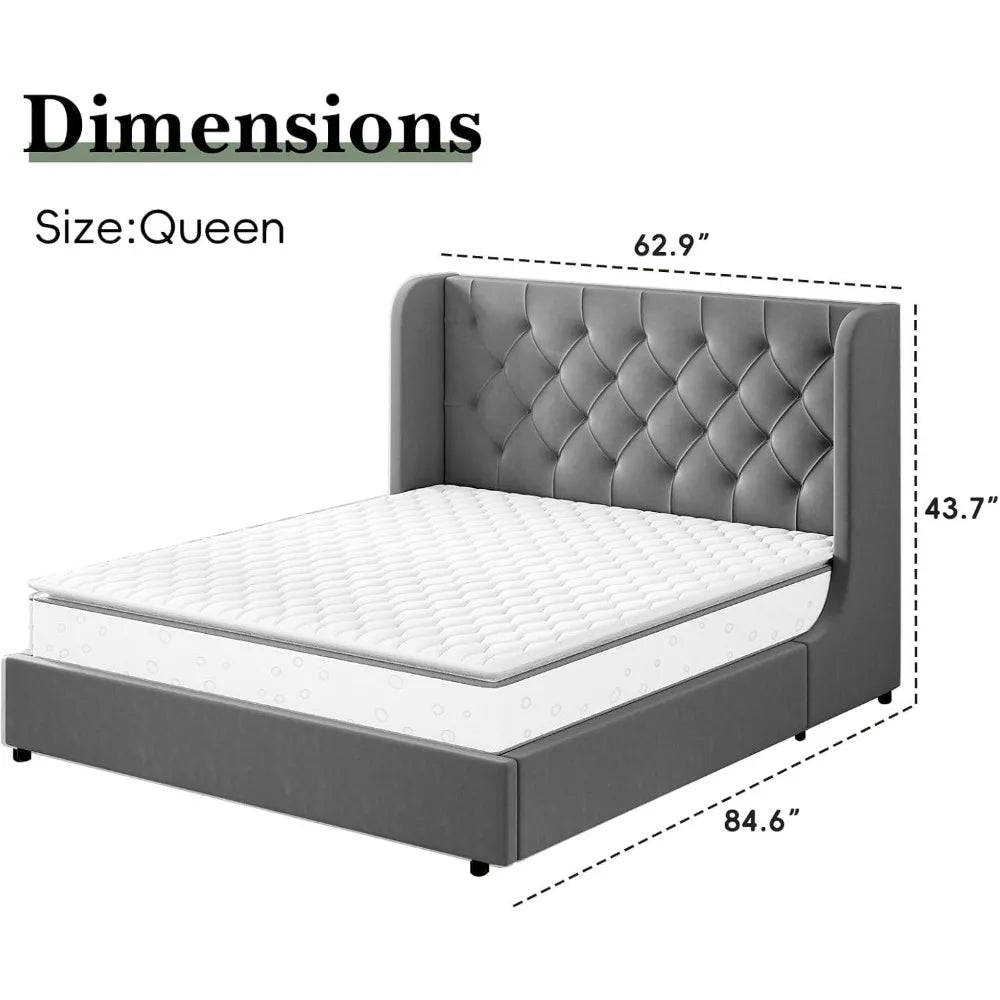 Velvet Upholstered Platform Bed Frame with Headboard – Curved Wingback Design