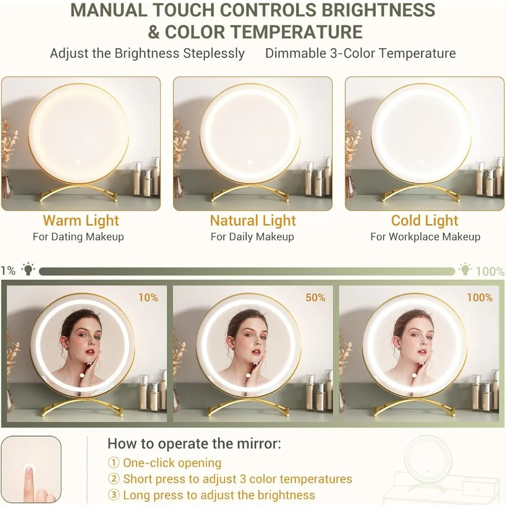 vanity desk with mirror and lights, modern makeup vanity table set with 6 storage drawers and cushioned stool for bedroom, dress