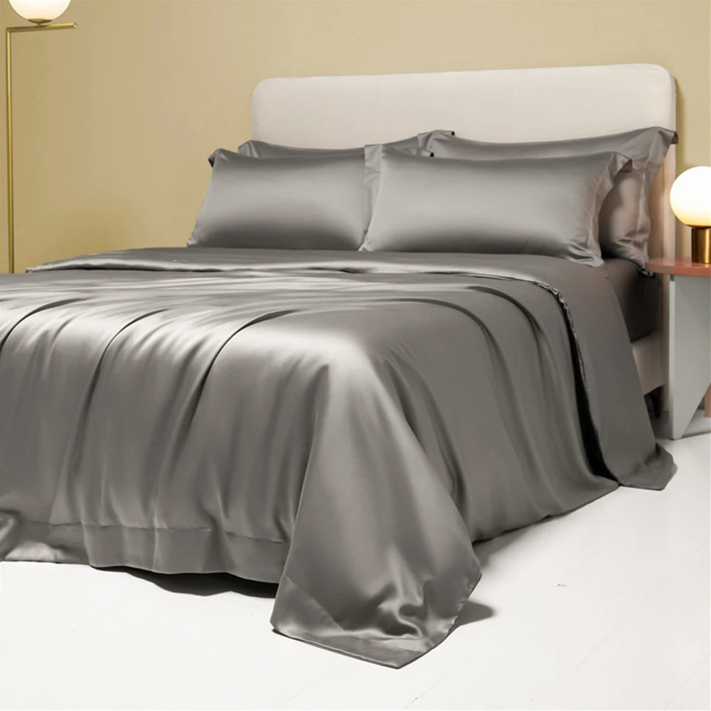 Lofuka Luxury Dark Gray 100% Pure Silk Bedding Set Beauty Double Queen King Quilt Cover Flat Sheet Pillowcase For Healthy Sleep