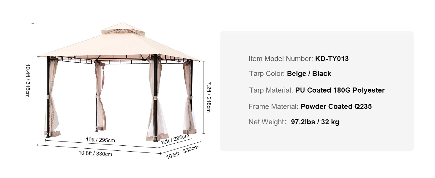 11x11ft/10x10ft/10x13ft Portable Gazebo PU Coated 250D Garden Market Waterproof Collapsible Canopy Tent for Outdoor