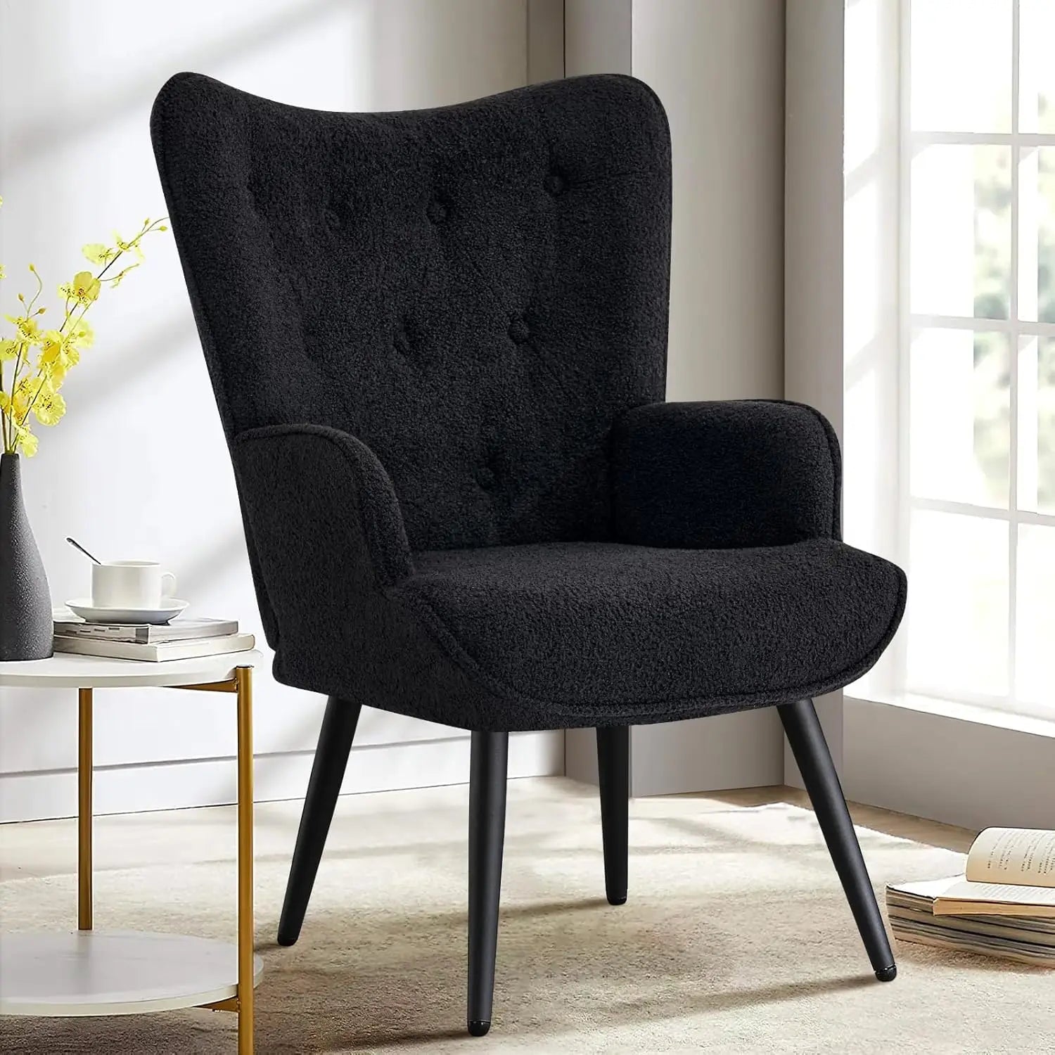 Bouclé Accent Chair – High-Back Tufted Wingback Reading Armchair