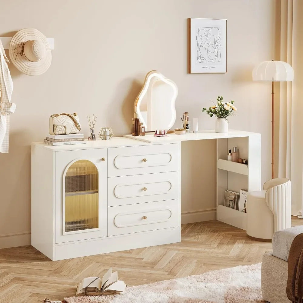 Modern L-Shaped Makeup Vanity Desk with 3 Drawers And Reversible Extendable Cabinet 78 Inch Corner Dressing Table for Bedroom