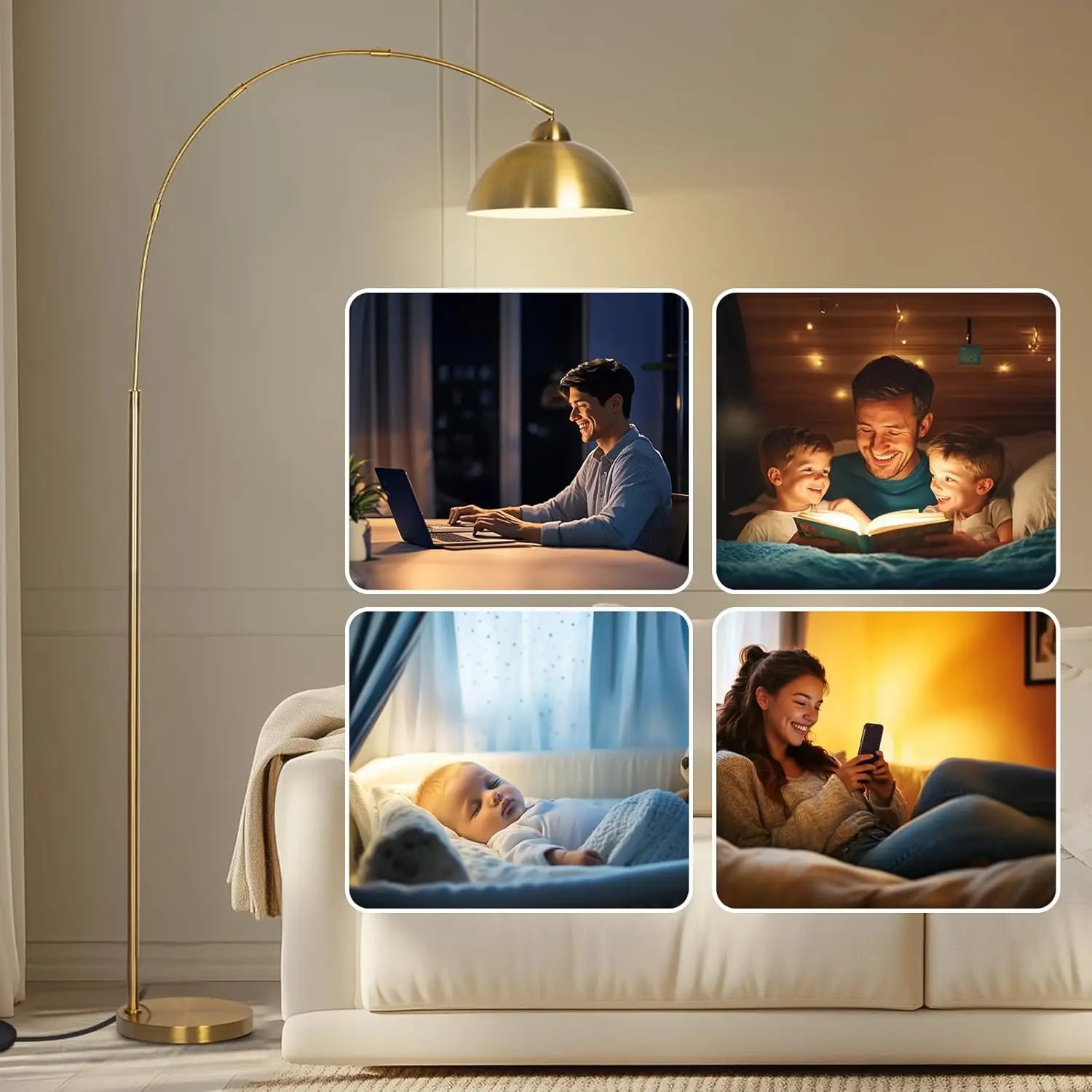 Modern Adjustable Floor Lamp with 3 Light Modes, Dimmable Gold Standing Lamp for Living Room, Bedroom, Office