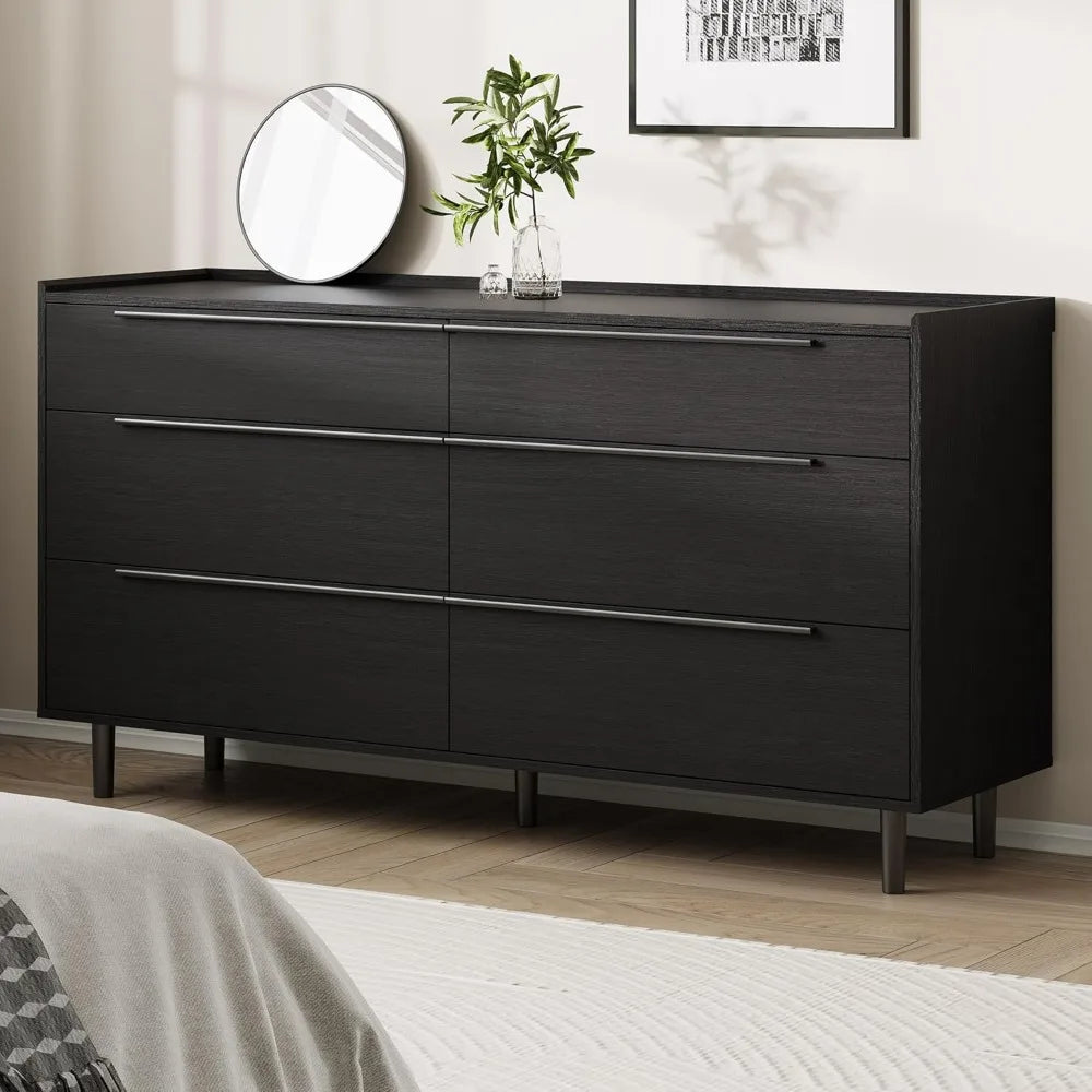 Modern Minimalist 60" Black Dresser for Bedroom, Large 6 Drawer Storage Cabinet with Sleek Metal Handles, Clothes Organizer