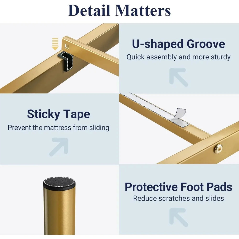 Victorian Vintage Twin Size Metal Bed Frame – Gold Finish with Headboard & Underbed Storage