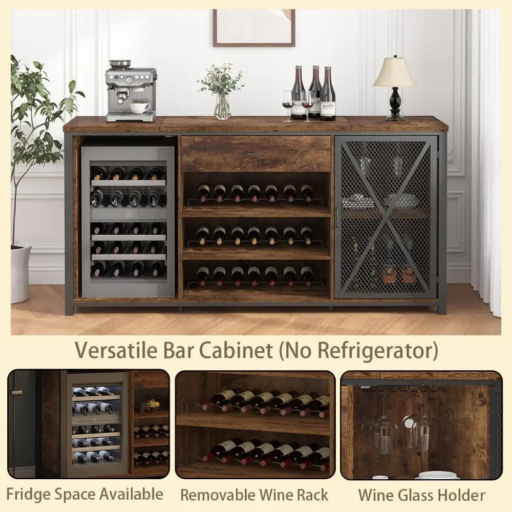 Farmhouse Wood & Metal Wine Cabinet – Large Bar Cabinet with Refrigerated Space