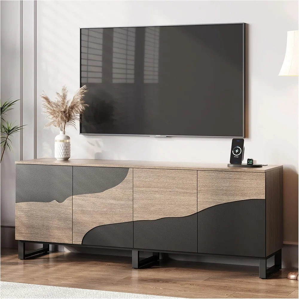 Black 70-Inch TV Stand with Power Outlet, Large Entertainment Center for 75 TVs, Adjustable Storage Cabinet