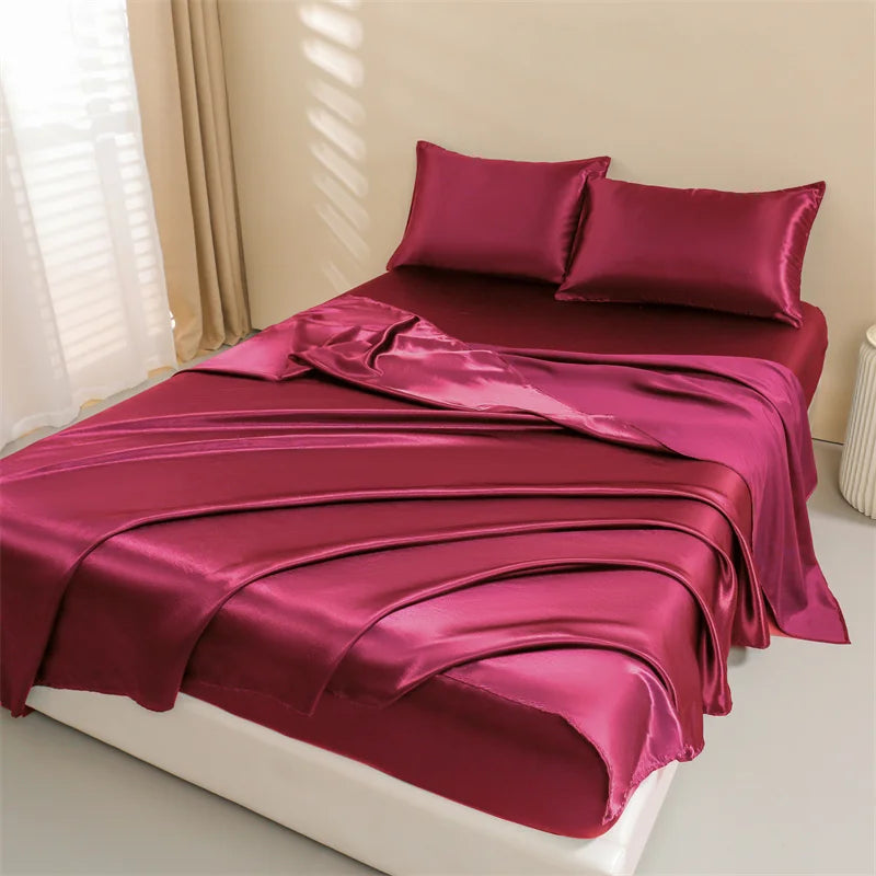 Satin Bed Sheets, Queen Size Sheets Set, 4 Pcs Silky Bedding Set   1 Deep Pocket Fitted Sheet + 1 Flat Sheet + 2 Pillowcases