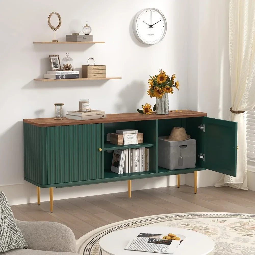 55” Fluted TV Stand, Mid Century Modern Green TV Stand for 55/60/65 inch TV, Entertainment Center with Storage,