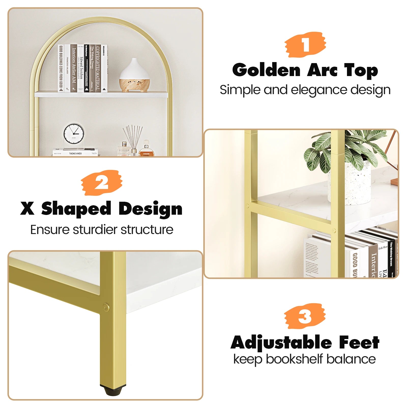 5-Tier Arched Bookshelf – Tall Standing Display Shelf with Metal Frame