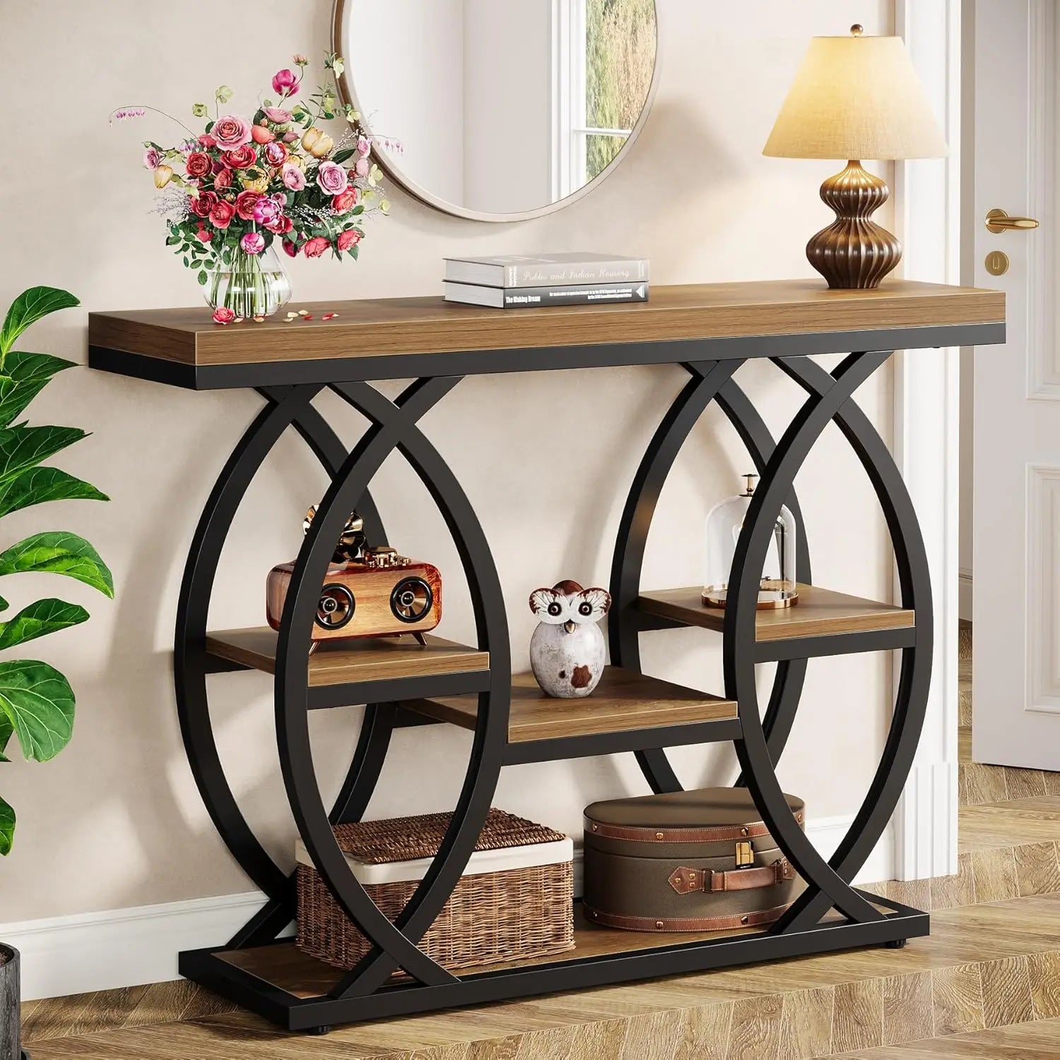 39.4"Console Table, Industrial 4-Tier Sofa Table Entryway Table with Storage Shelves, Narrow Wood Accent Tables with Metal Frame