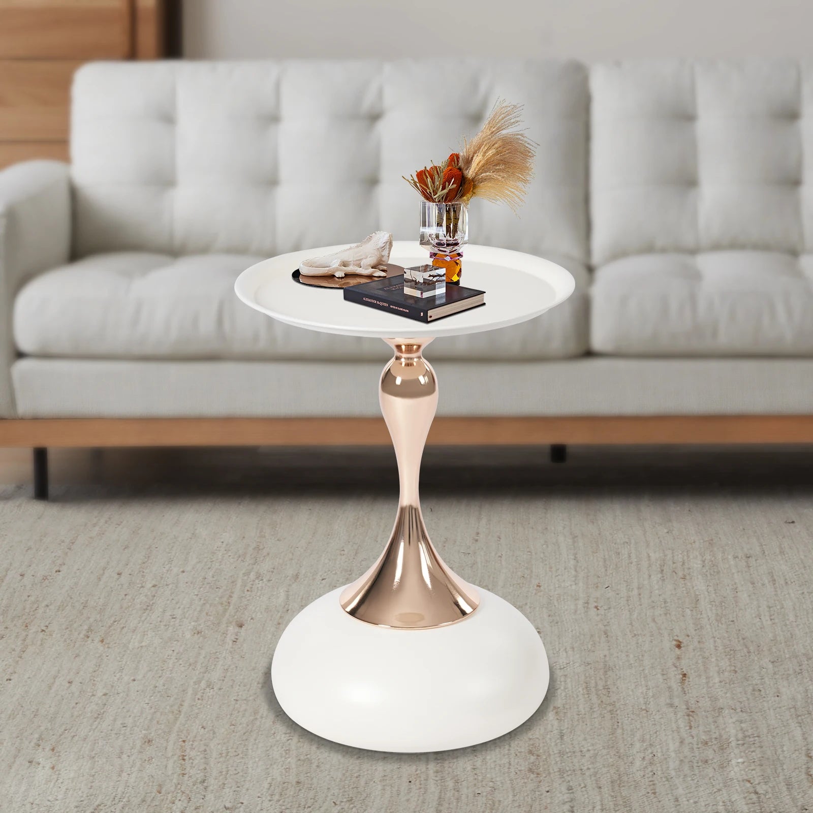 White, Round End Table, Metal Side Table Small Table, Floor Standing Sofa Side Table Nightstand, for Living Room Bedroom Office