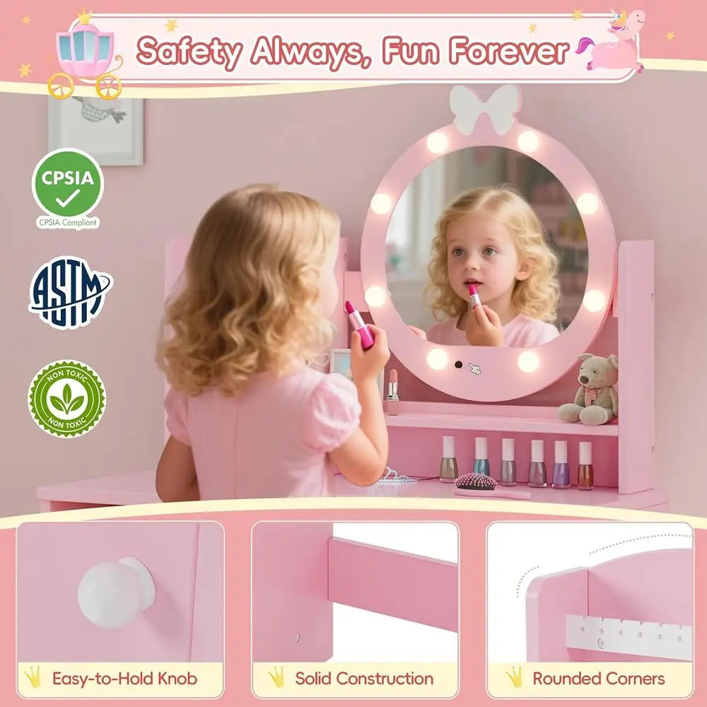 Princess Vanity Set for Kids with Mirror, Lights, Storage, and Cushioned Seat in Pink