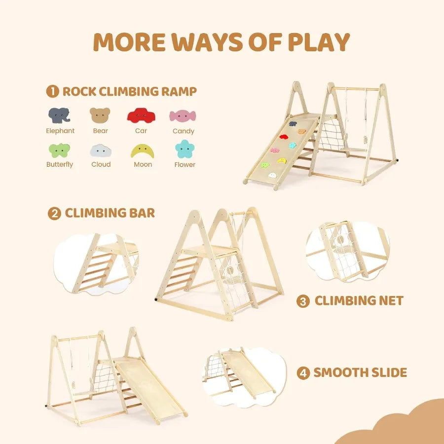 7-in-1 Foldable Indoor & Outdoor Jungle Gym – Wooden Climbing Set with Adjustable Swing