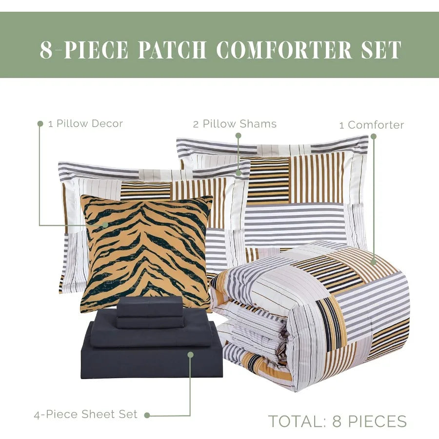 8-Piece Animal Print Patch Reversible Comforter Set - All Season Bed in a Bag with 4-Piece Sheet Set Featuring Smart Pockets Ma