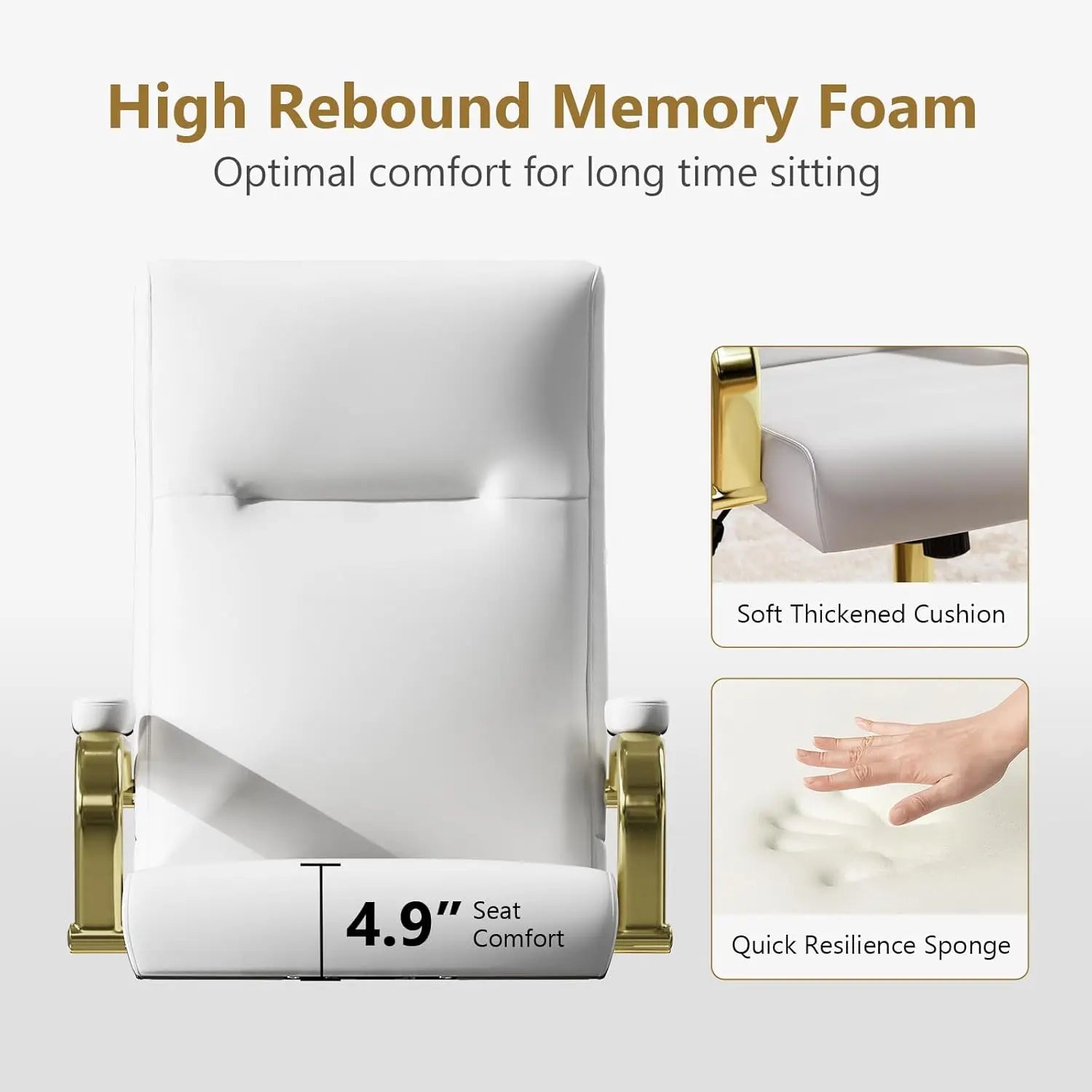 White and Gold Office Chair Memory Foam, White Leather Computer Desk Chairs with Wheels and Arms, High Back Executive Office Cha