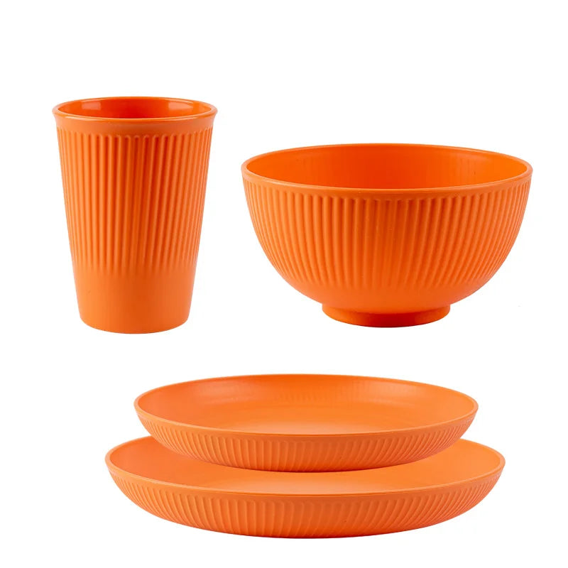 Colourful Wheat Straw Dinnerware Set – 4-Piece Portable Bowl, Cup & Dish Tableware Kit