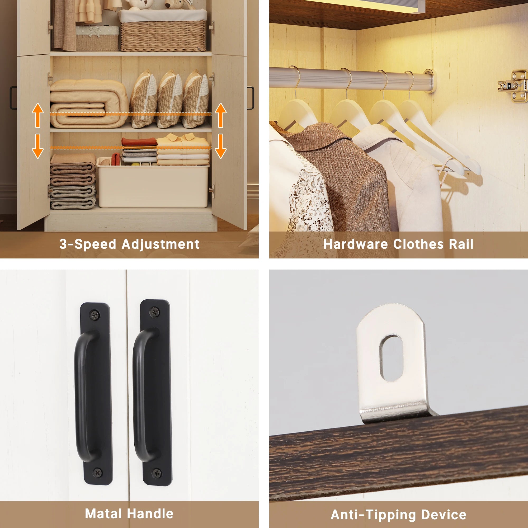 75" Tall Farmhouse 2 Doors Armoire Wardrobe Closet with LED, Freestanding Closet Wardrobe Cabinet for Bedroom