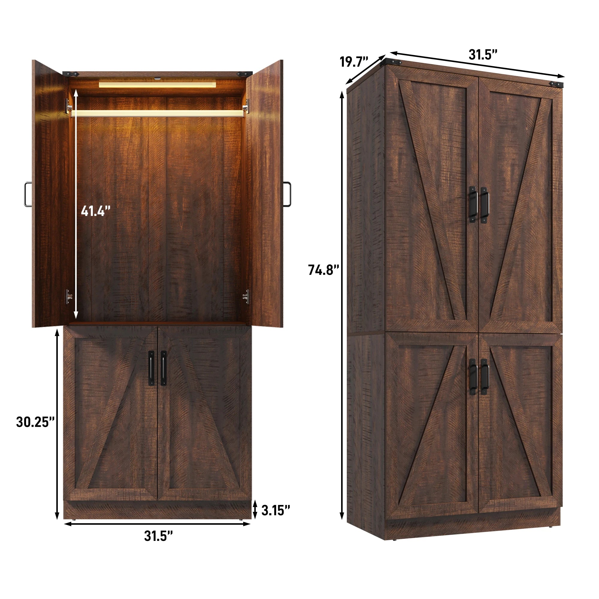 75" Tall Farmhouse 2 Doors Armoire Wardrobe Closet with LED, Freestanding Closet Wardrobe Cabinet for Bedroom