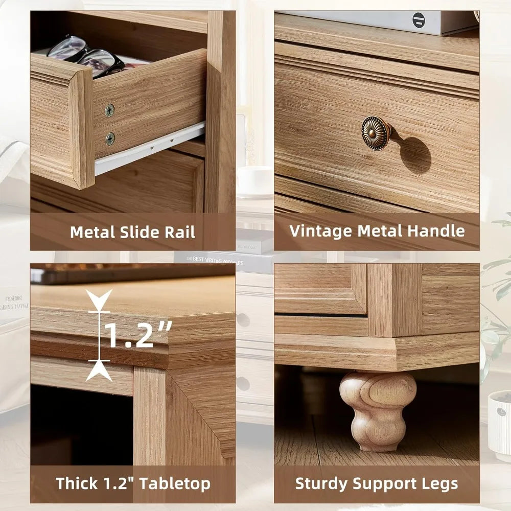 24" Wide Farmhouse Nightstand Set of 2 with Charging Station,End Table with 2 Drawers,Natural Wood Dresser for Bedroom Cabinet