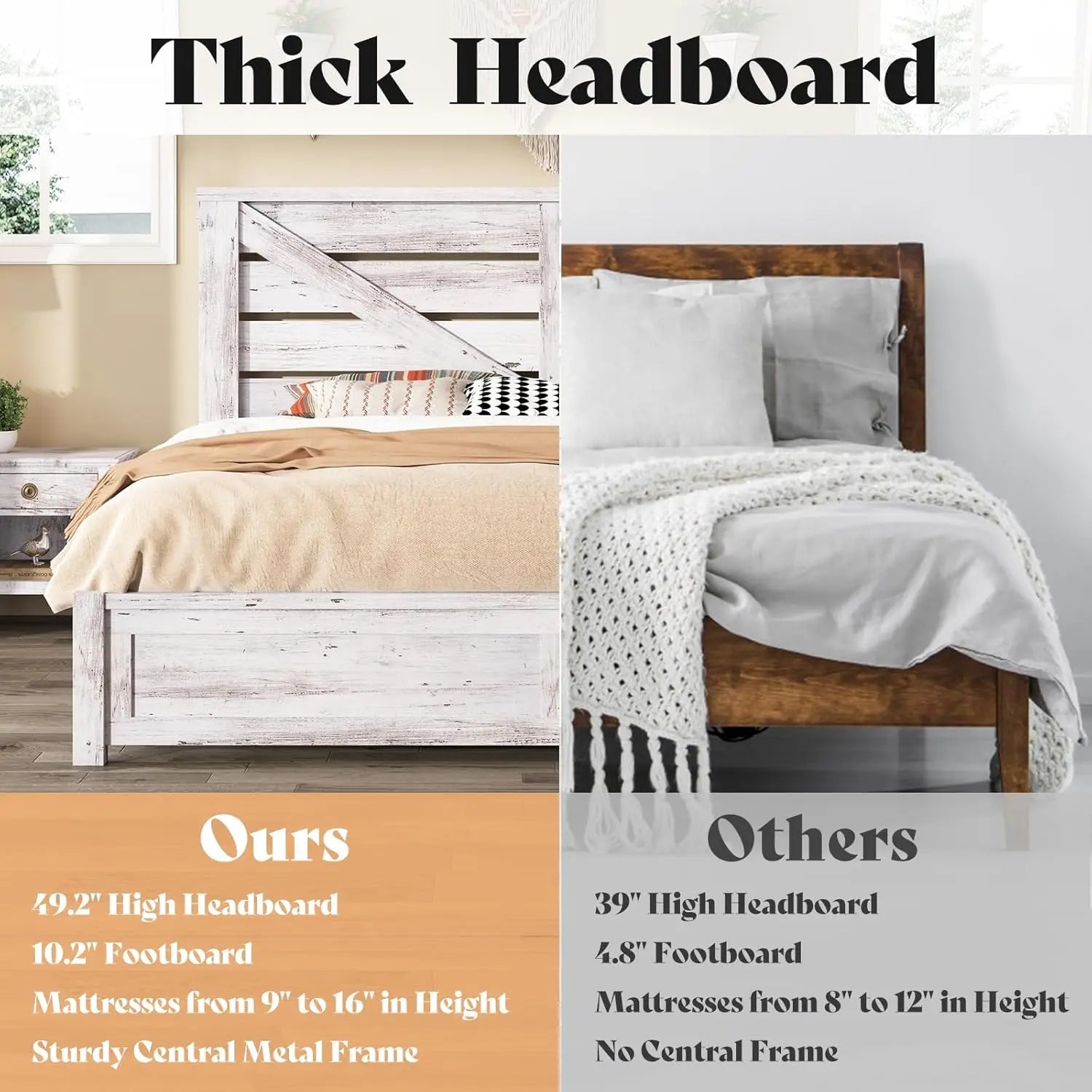 King Size Farmhouse Platform Bed Frame – 49.2″ Barn Door Headboard with Underbed Storage (Distressed White)