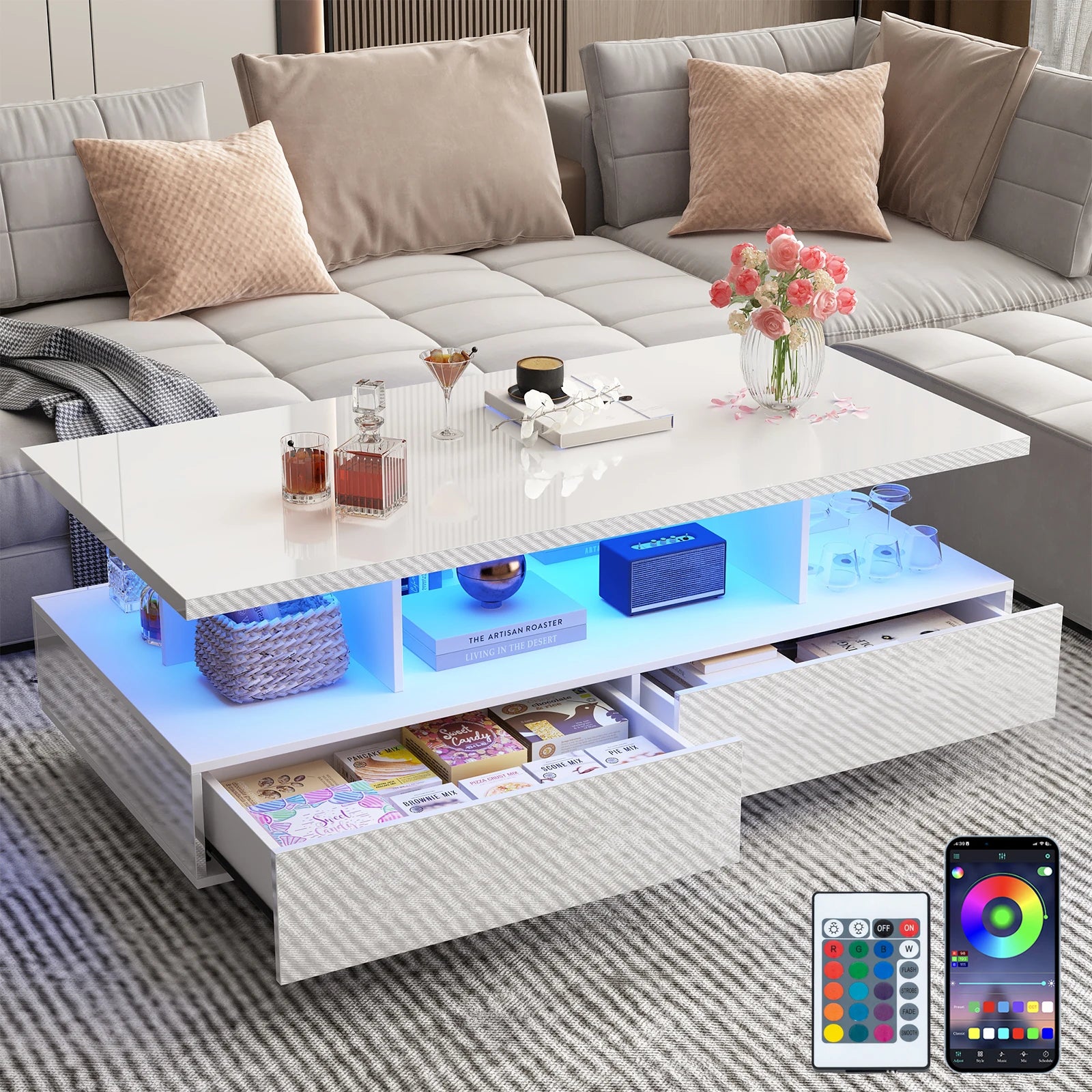 43” LED Coffee Table – Modern High-Gloss Rectangular Center Table with 2 Drawers & Display Shelf