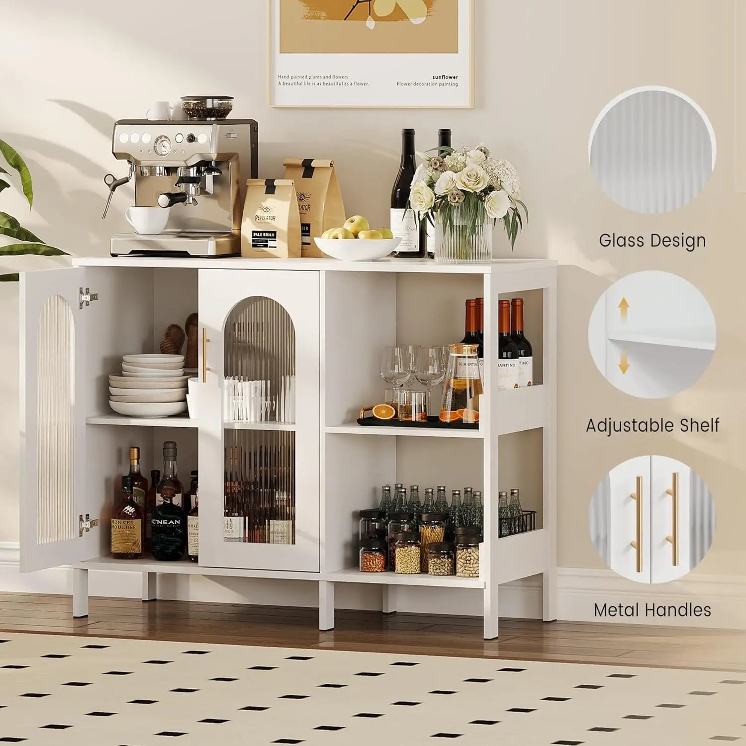 Wooden Buffet Sideboard Cabinet – Storage Cabinet with Glass Doors & Adjustable Shelves