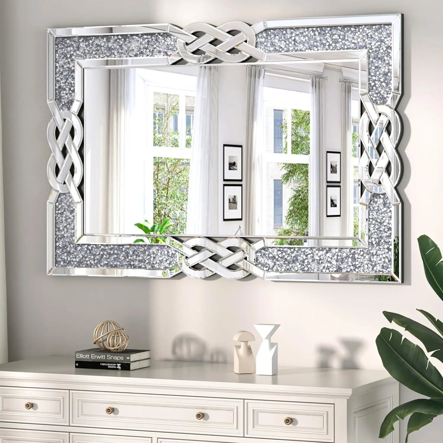 90/100/120CM Large Crystal Crush Diamond Mirror Vanity Silver Decorative Wall Hang Mirror for Bedroom Hallway Living Room