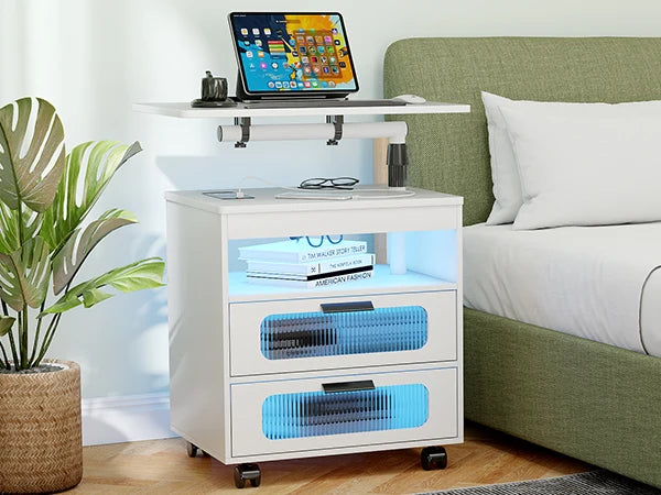 Nightstand with Wireless Charging Station, LED Nightstand Has Adjustable Rotary Workstation,Smart Night Stand