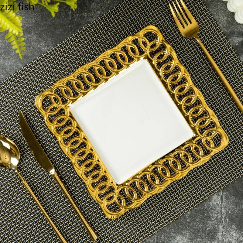 Gold-Plated Hollow-Out Ceramic Serving Plate – Decorative Steak, Dessert & Salad Plate