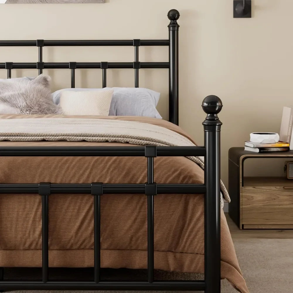 Metal Platform Bed Frame with Classic Wrought Iron Headboard & Footboard