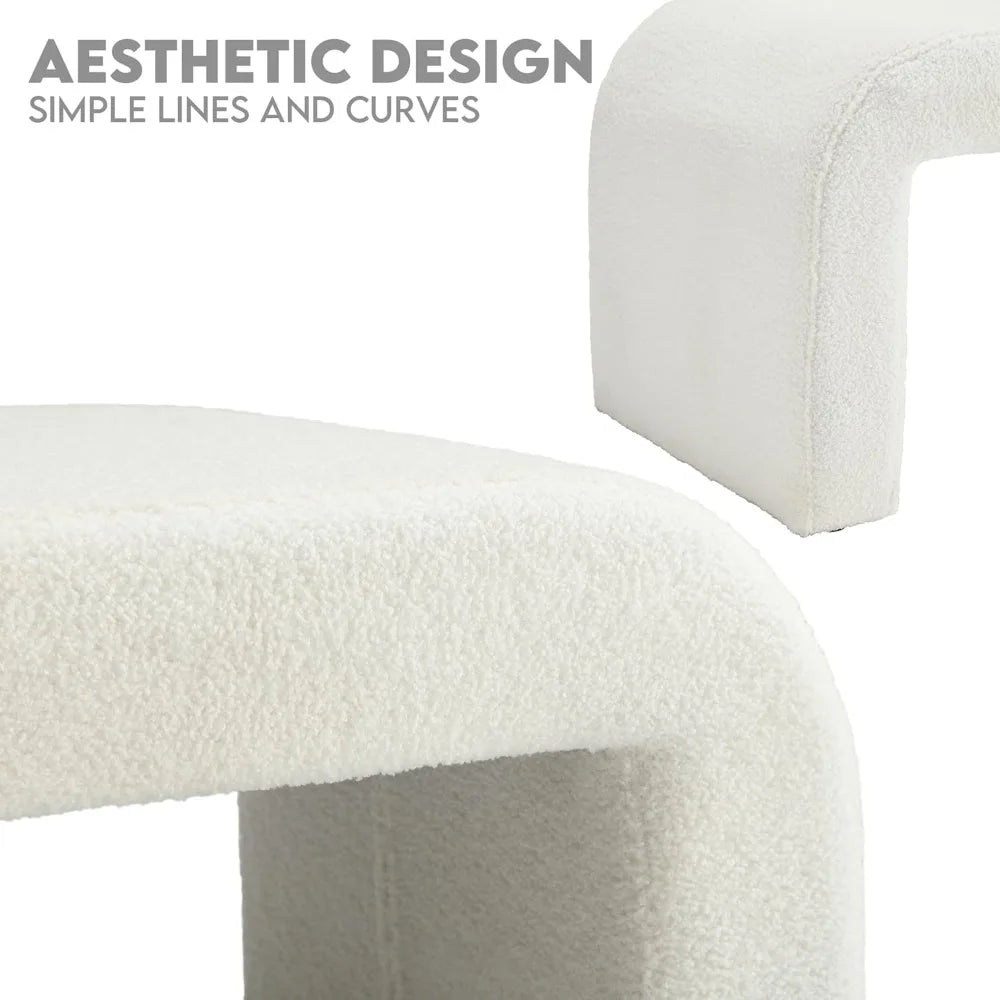 White Modern Bouclé Bench – Rectangular Sherpa Upholstered Ottoman