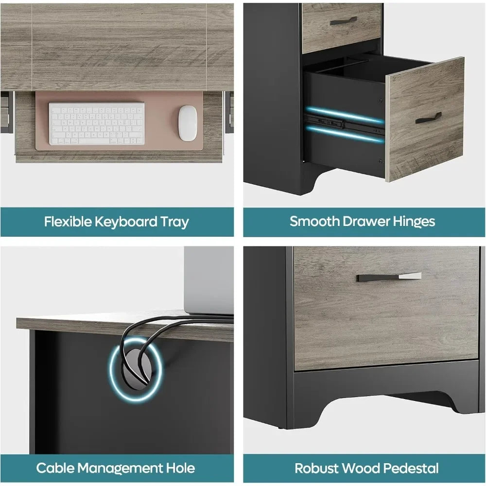 Industrial Executive Computer Desk with 4 Drawers, File Drawer, Keyboard Tray & Dual Pedestals