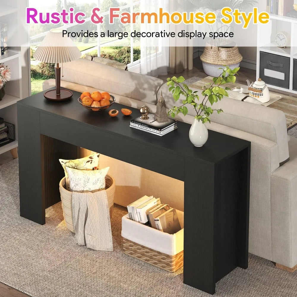 Wooden LED-lit 63 Console Table for Farmhouse Style, Ideal Behind Sofa Entryway Hallway Decor