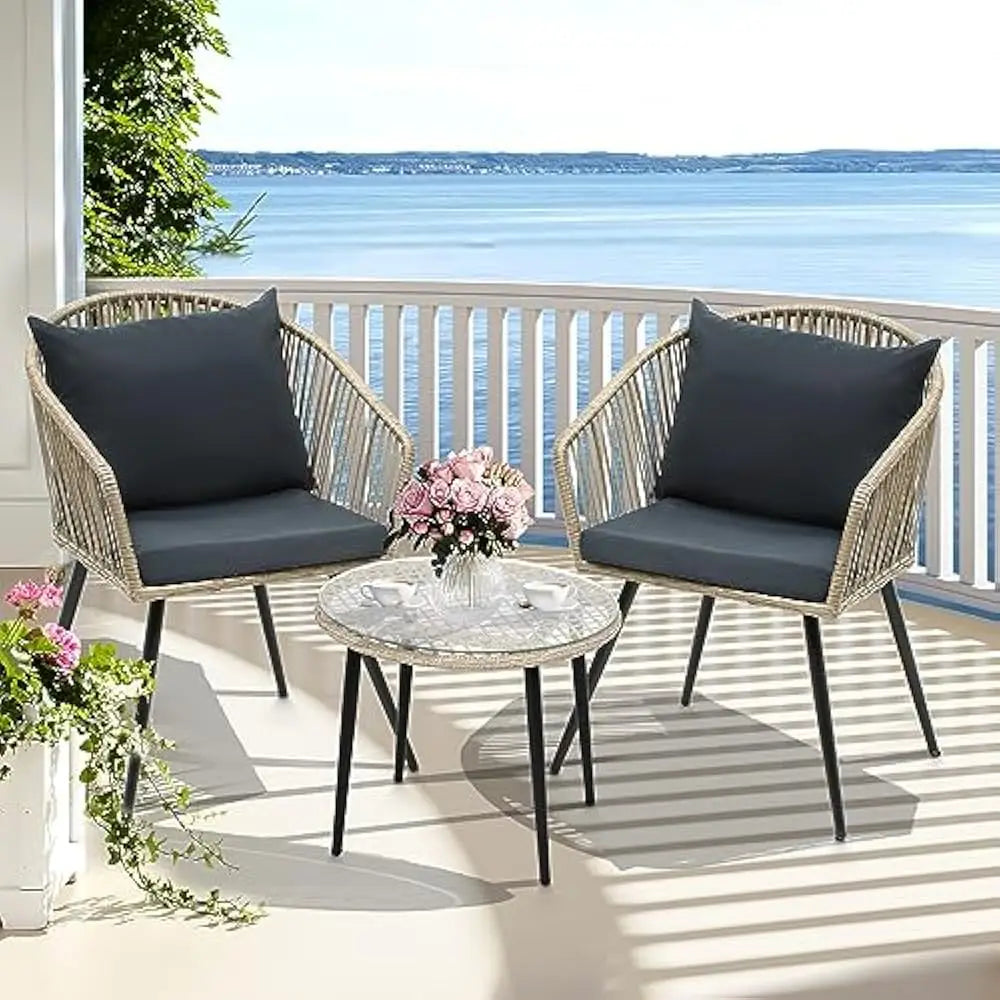 3-Piece Outdoor Patio Furniture Wicker Bistro Set, All-Weather Rattan Conversation Chairs with Soft Cushions, Glass Side Table