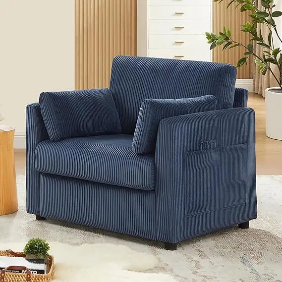 Modern Corduroy Accent Chair – 38″ Comfy Armchair with Pillows & Side Pockets