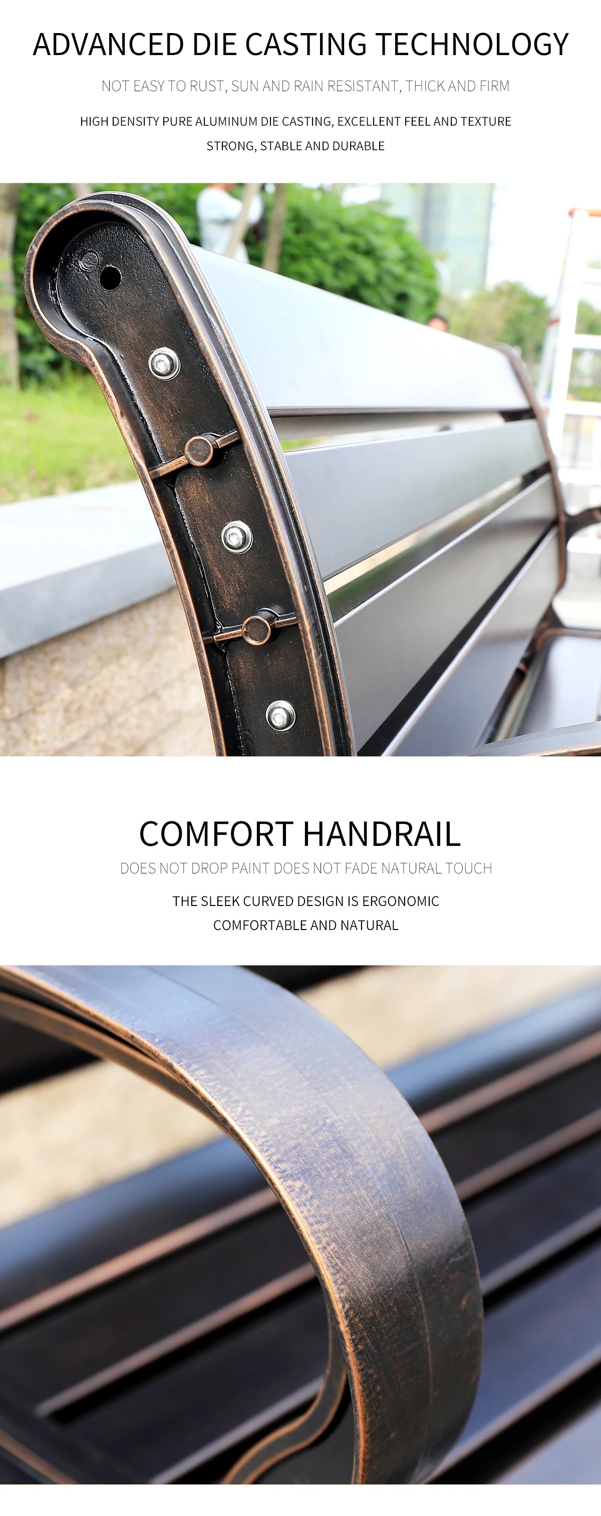 117CM Cast Aluminum Park Bench Chair ﻿All-weather Metal Outdoor Bench Patio Bench with Beautiful Carving Garden Bench