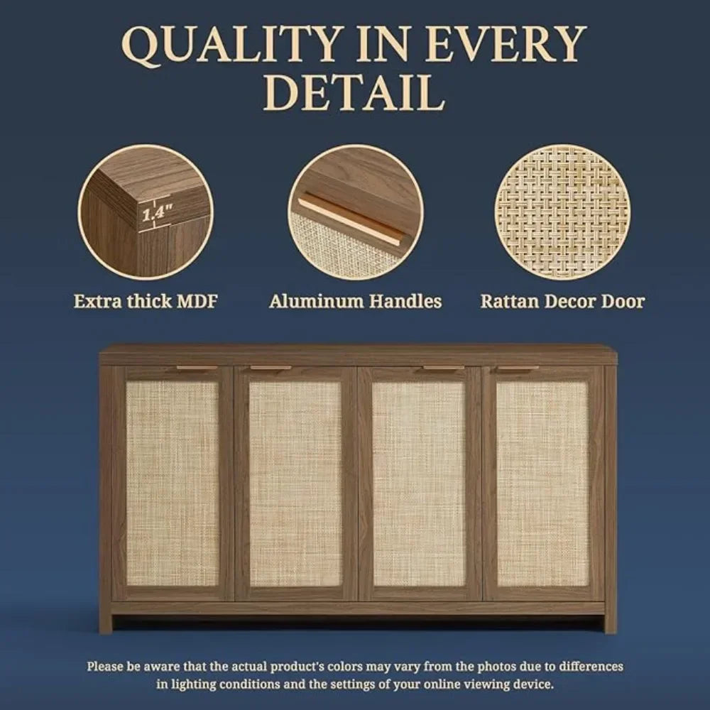 Rattan 4-Door Storage Sideboard Cabinet with Adjustable Shelves, Boho Accent Buffet Cupboard Console for Kitchen