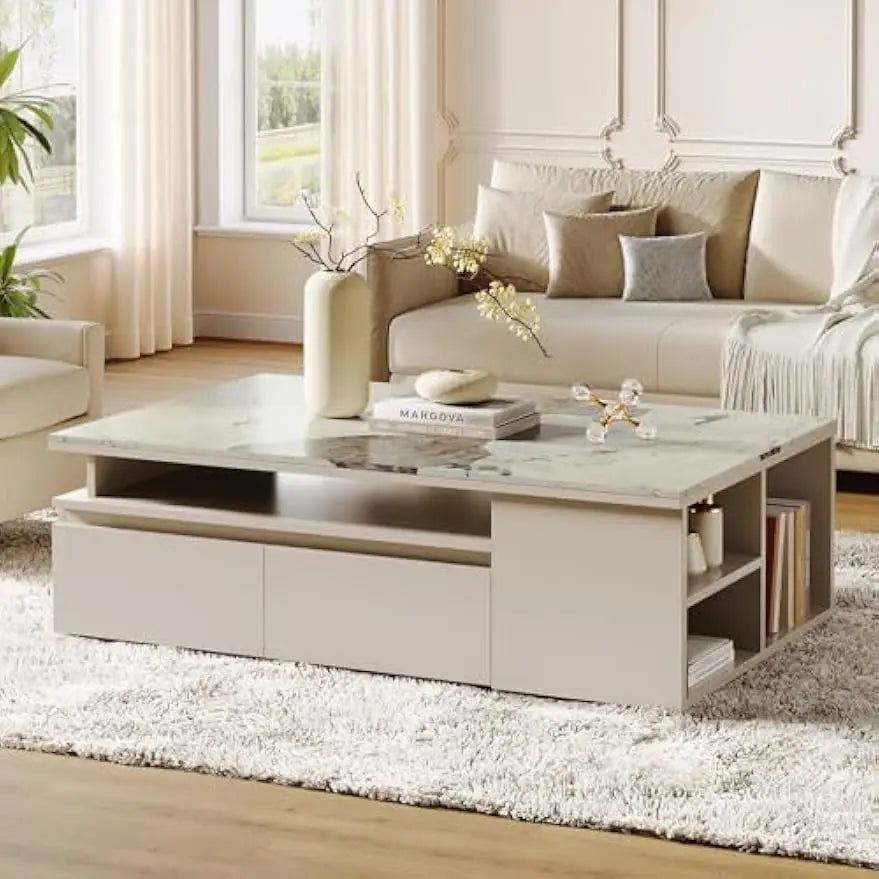 Extendable Coffee Table with Storage – Modern Center Table with 4 Drawers & Shelf (51”–71”)