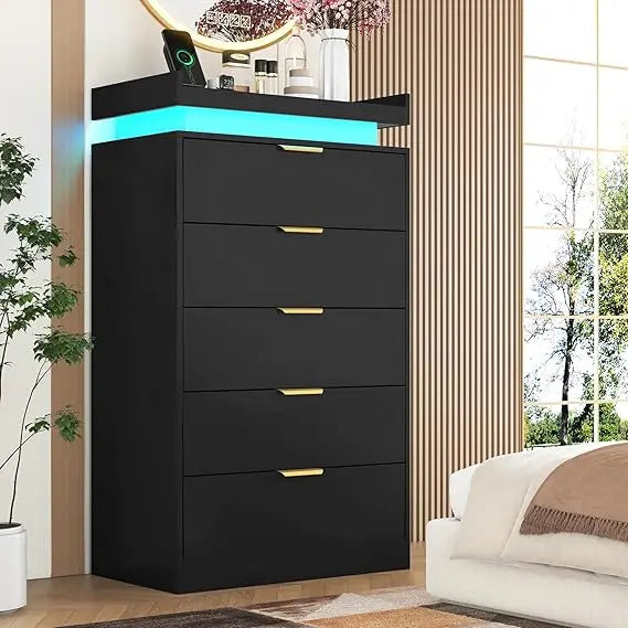 Dresser for Bedroom, Black Dresser with LED Lights, Wood 5 Drawer Chest with Power Outlet, Modern Chest of Drawers for Bedr
