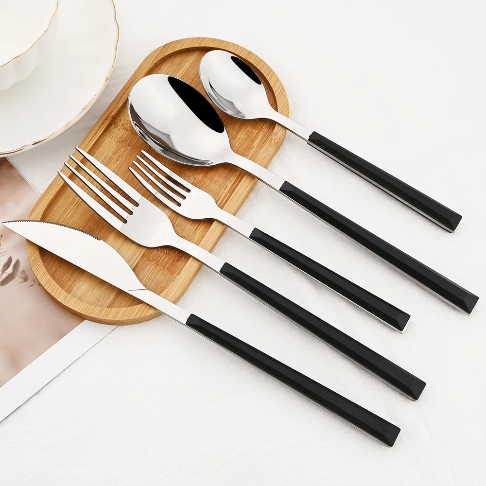 20Pcs Creative Rose Tableware Imitation Wood Handle Cutlery Set Knife Dessert Fork Spoon Dinnerware Set Stainless Steel Flatware