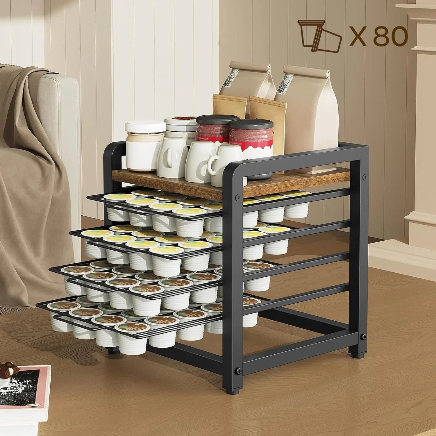 4-Tier Coffee Pod Drawer Holder – 80-Pod Rustic Brown Kitchen Organizer