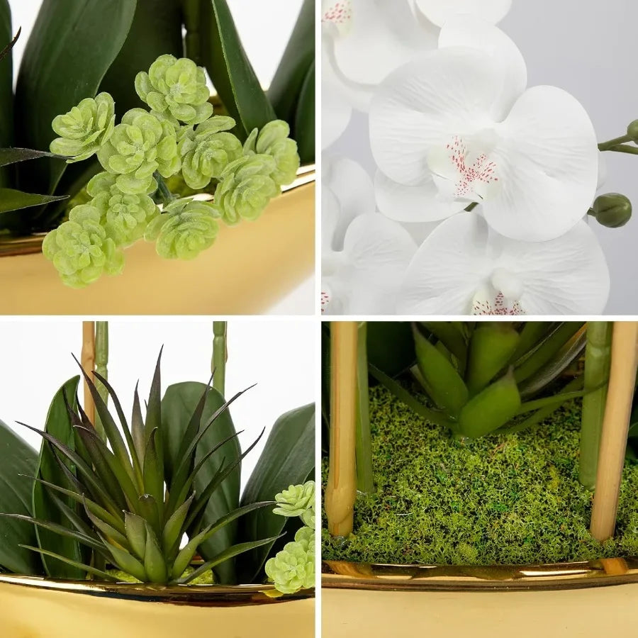 17inch White Fake Orchid Silk Flowers with Gold Ceramic Pot Faux Orchid Arrangement for Home Office Room Coffee Table Centerpie
