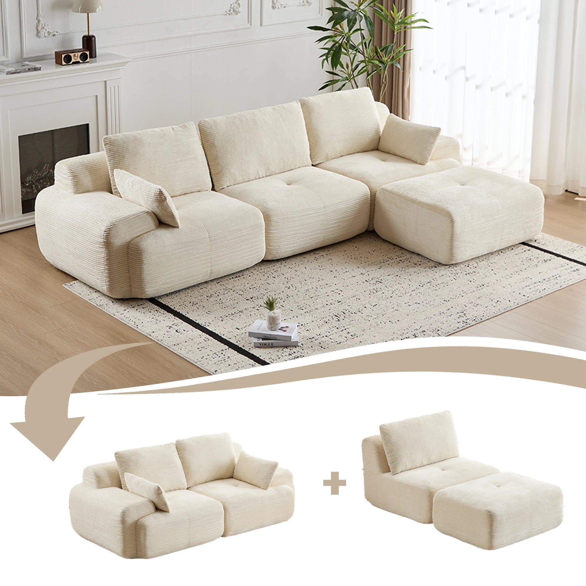 Modern Memory Foam Compressed Sofa,Large Sectional Couches for Living Room,Corduroy No Assembly Sofa,Deep Seat Loveseat Sofa