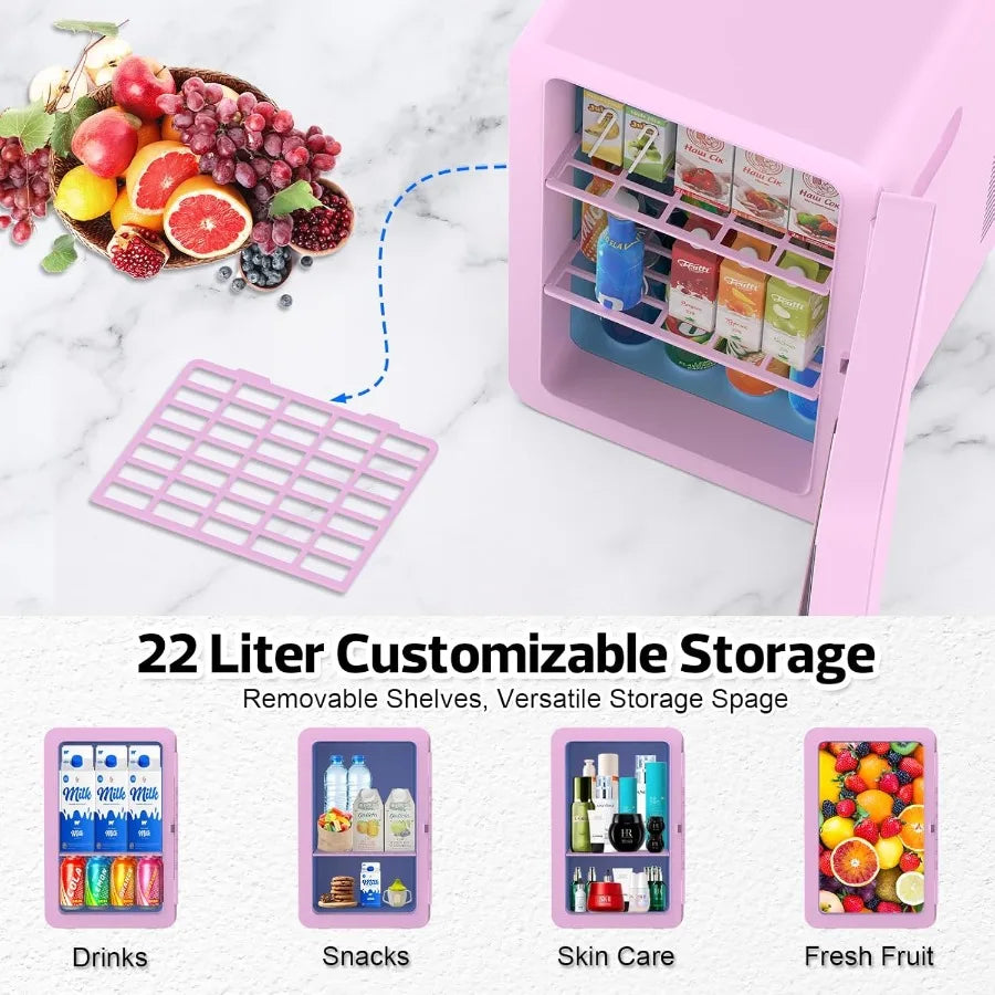 22L Mini Fridge for Bedroom 30 Cans Portable Cooler Warmer Compact Refrigerators with AC/DC Power for Skin Care Beverage Cosmet