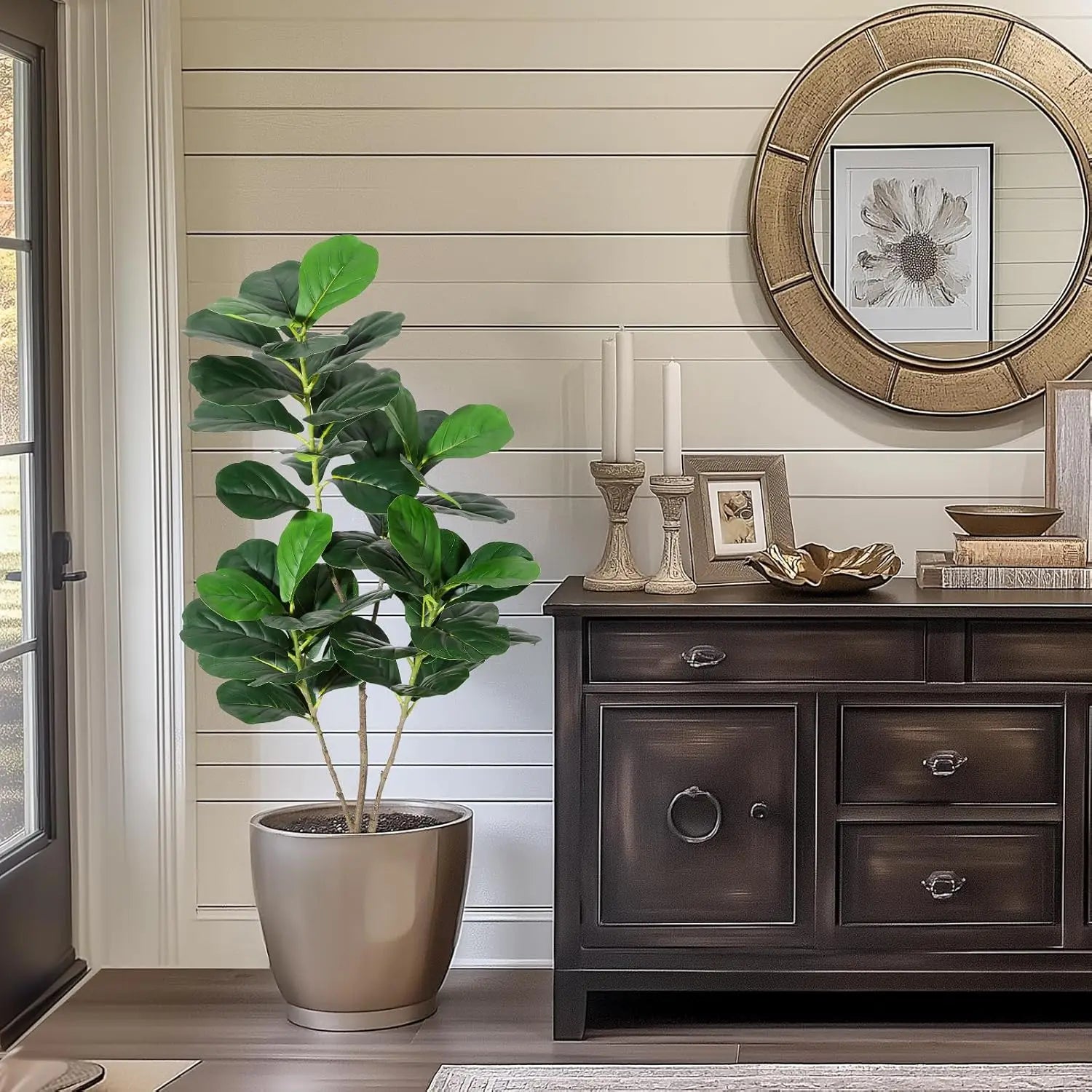 Artificial Fiddle Leaf Fig Tree Large Faux Plant Tree with Black Planter Pot Fake Potted for Indoor Outdoor Home Office Decor