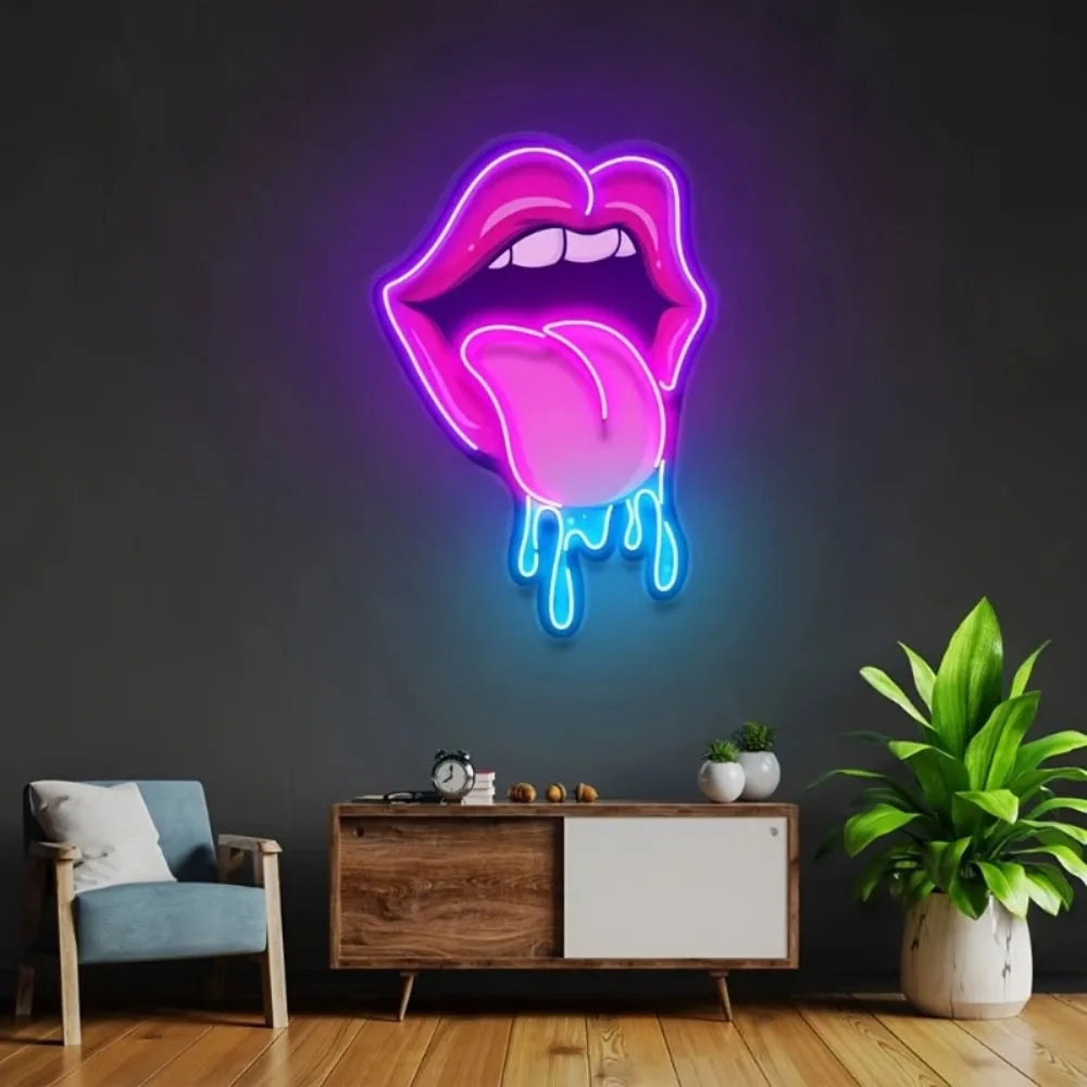 Pink Lips and Tongue LED Neon Sign - Glowing Wall Signs for Room Decoration USB Powered UV Panel Wedding Bar Decoration Signs